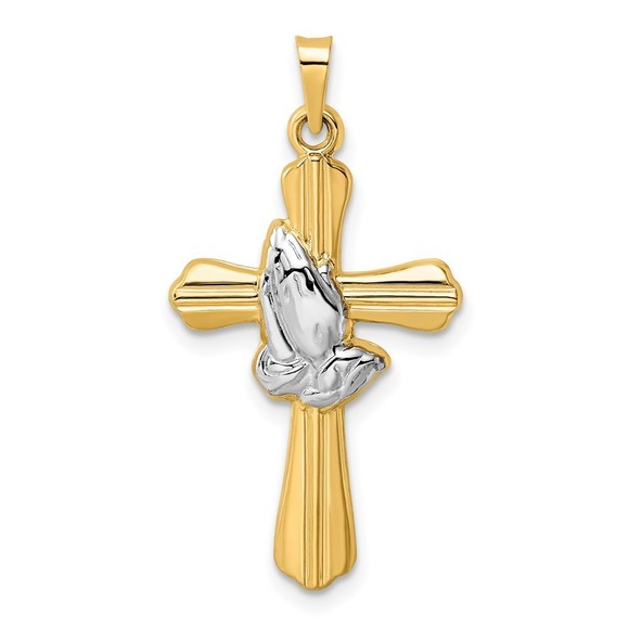 Million Charms 14k Yellow Gold Religious Hollow Praying Hands Cross Pendant